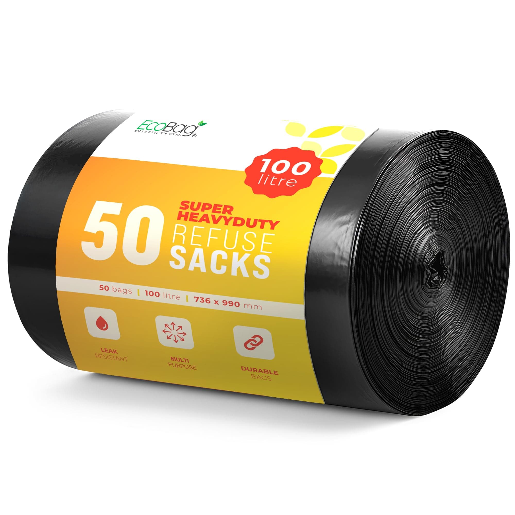 EcoBag - 50 Pack Super Strong Heavy Duty Refuse Sacks - Recyclable Bags, Leak Resistant, Durable Waste Disposal Bags For Wheelie Bins, Large Household Bins, Garden&Bulky Waste, 35 Micron (Μm)/100l