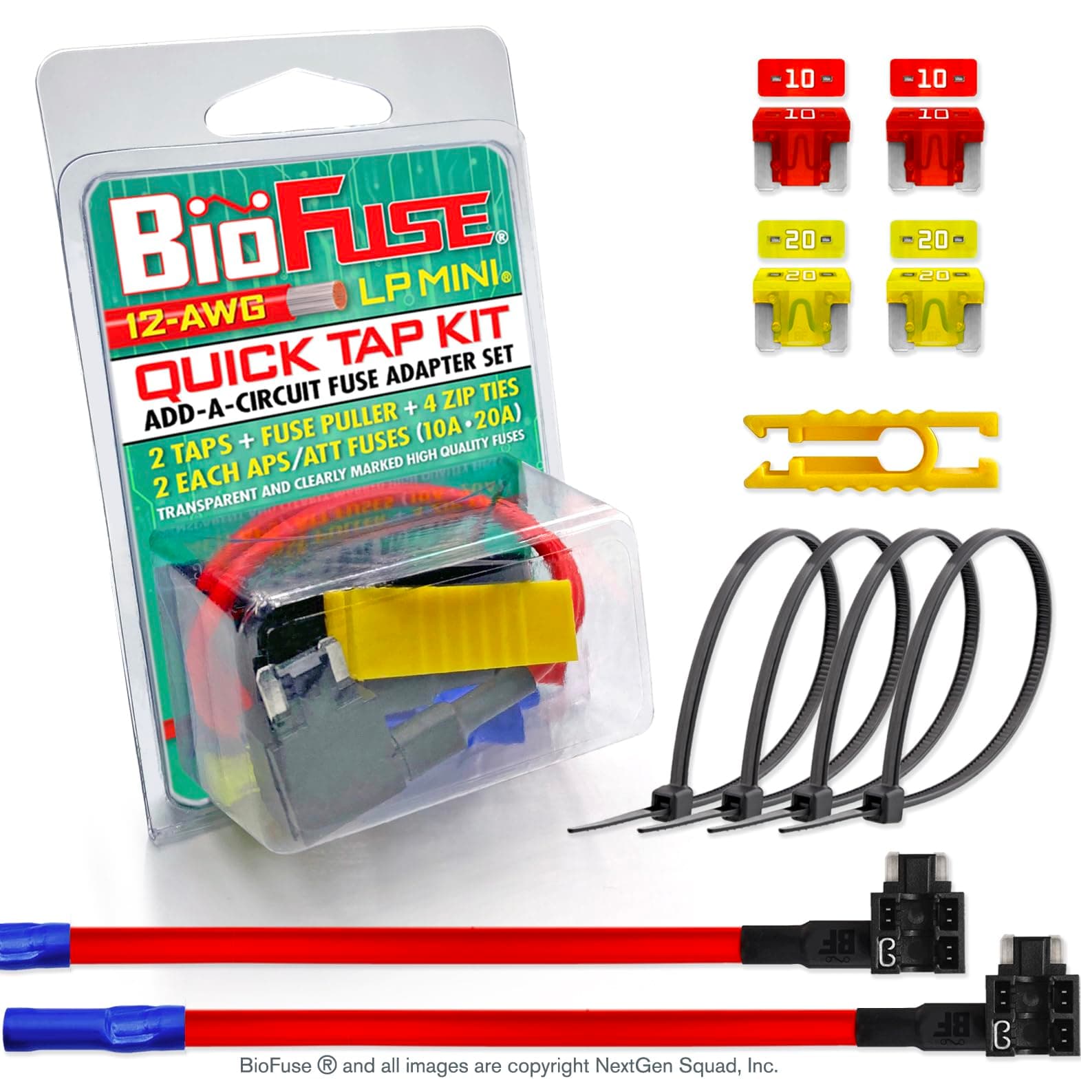 12 AWG Low Profile Mini ATT Quick TAP KIT: 2 Add-A-Circuit Car Fuse Tap Adapters, 2 Each (10A 20A) LP-Mini Blade Fuses, 4 Zip Ties + Fuse Puller