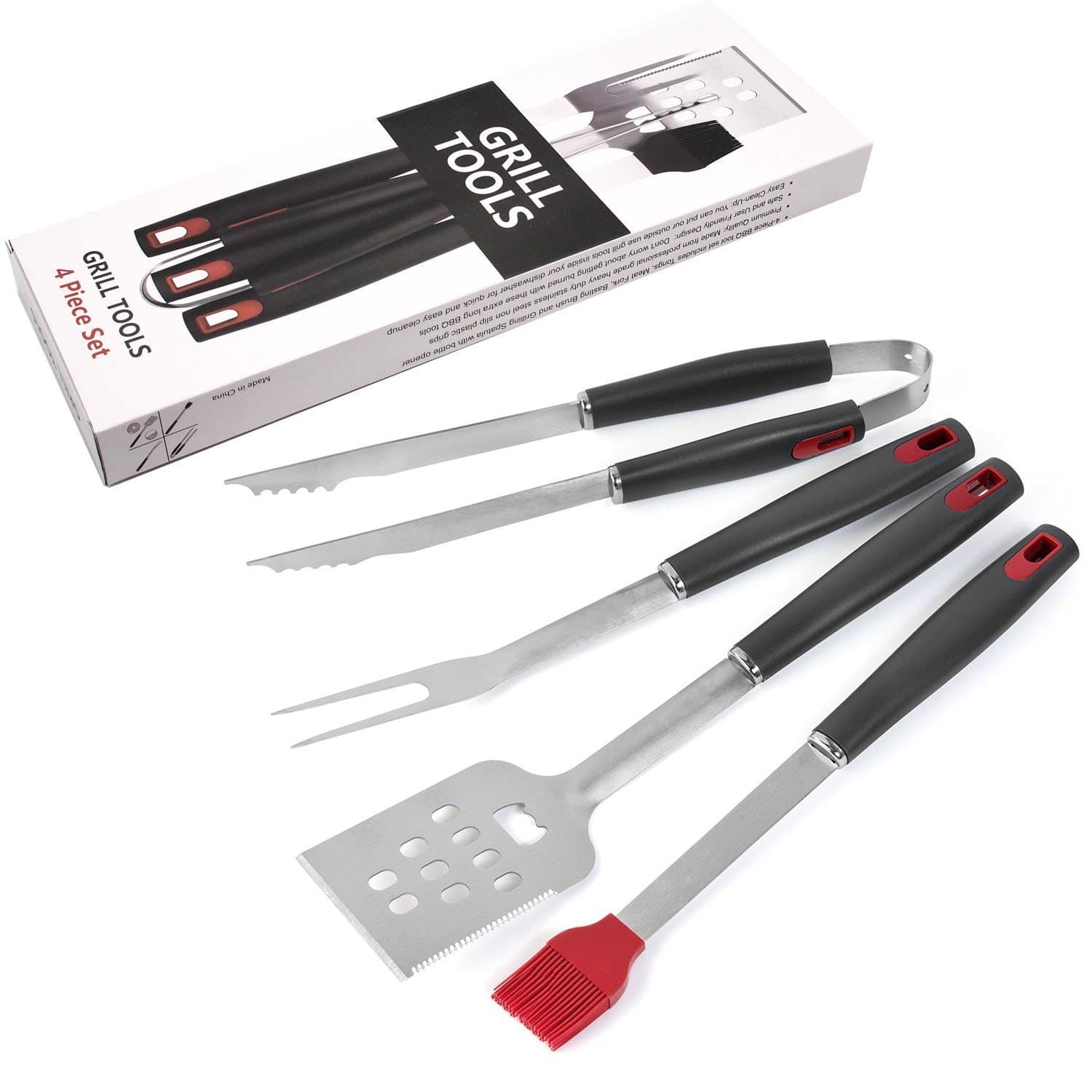 Deway Stainless Steel BBQ Tools Set, 4 Pieces Heavy Duty Grill Utensil, Professional Outdoor Barbecue Kit Cooking Accessories with Brush, Fork, Spatula and Tongs