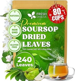 FreshDrinkUS, 230+ Premium Soursop Graviola Dried Leaves Tea, 230-250 Whole Soursop Leaves, Wildcrafted, Graviola Tea, Guanabana Tea, Hoja Guanabana, Soursop Loose Leaf Herbal Tea, No Gluten, Vegan