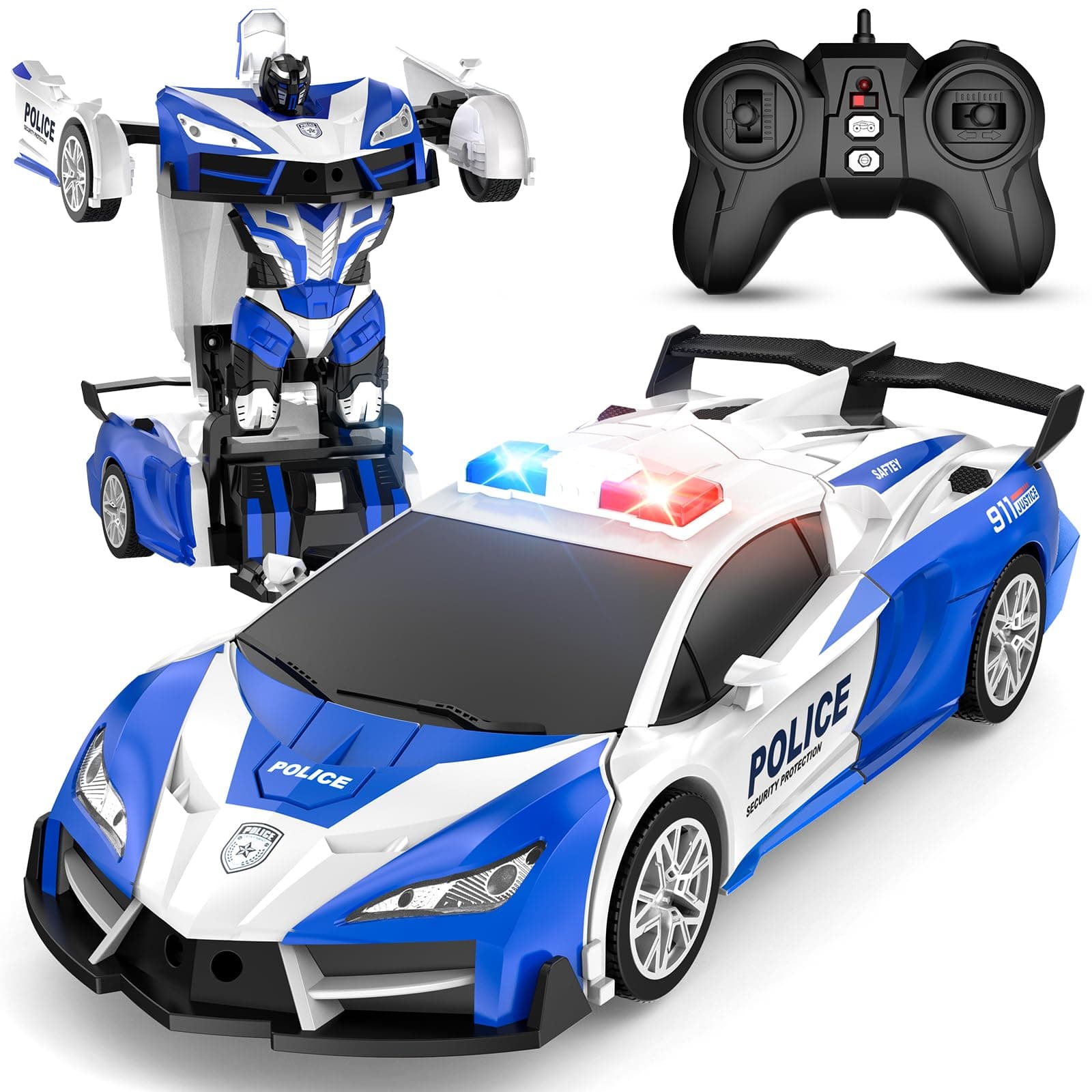 Remote Control Car with One Button Transformation, RC Cars Transforming into Robot, 2.4Ghz 360 Degree Rotation Police Car with Light, 1:18 Scale Transform Toys for Boys Girls Kids 4-7 8-12 6-8