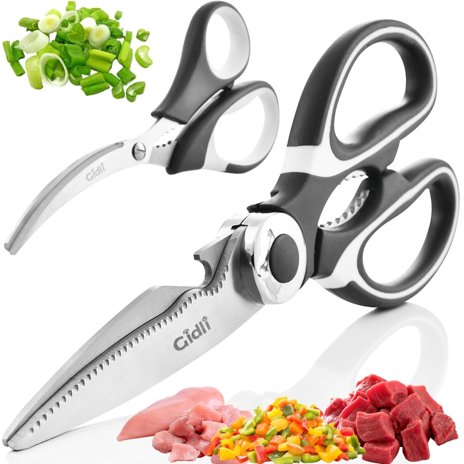 Kitchen Shears by Gidli - Lifetime Replacement Warranty- Includes Seafood Scissors As a Bonus - Heavy Duty Stainless Steel Multipurpose Ultra Sharp Utility Scissors.