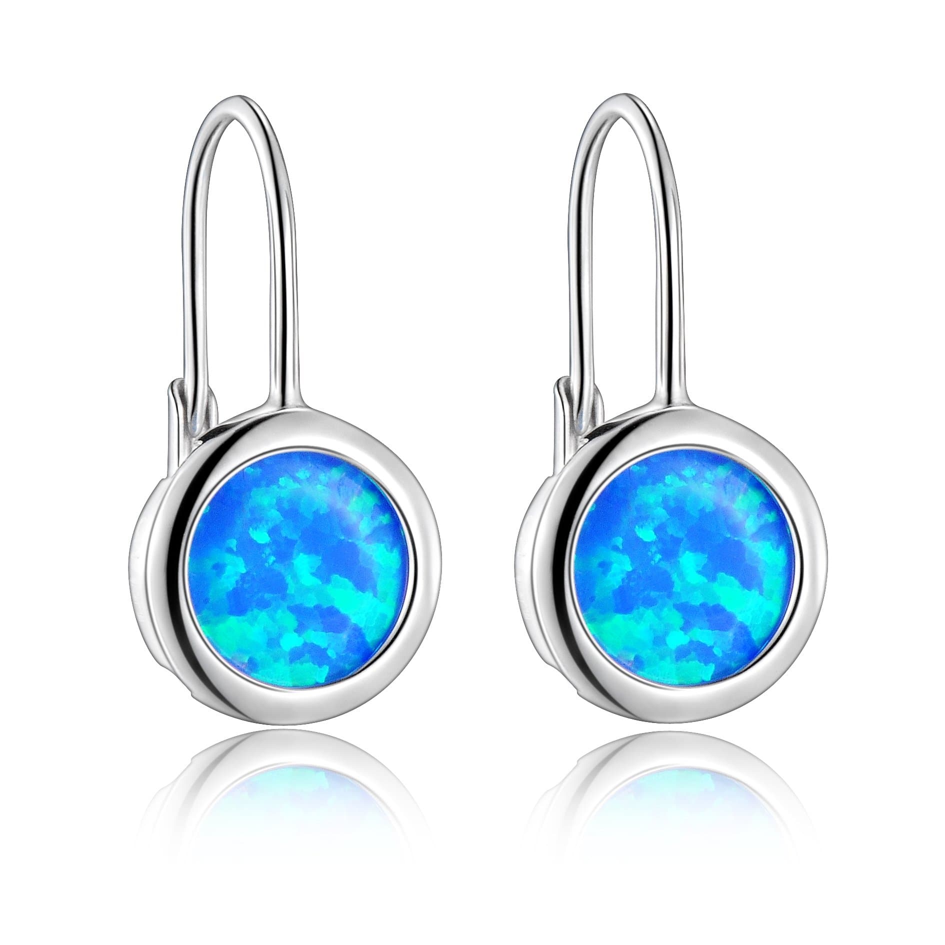 Sterling Silver Lever Back Earrings With 8mm Bezel-Set Created Blue Opals - New Release