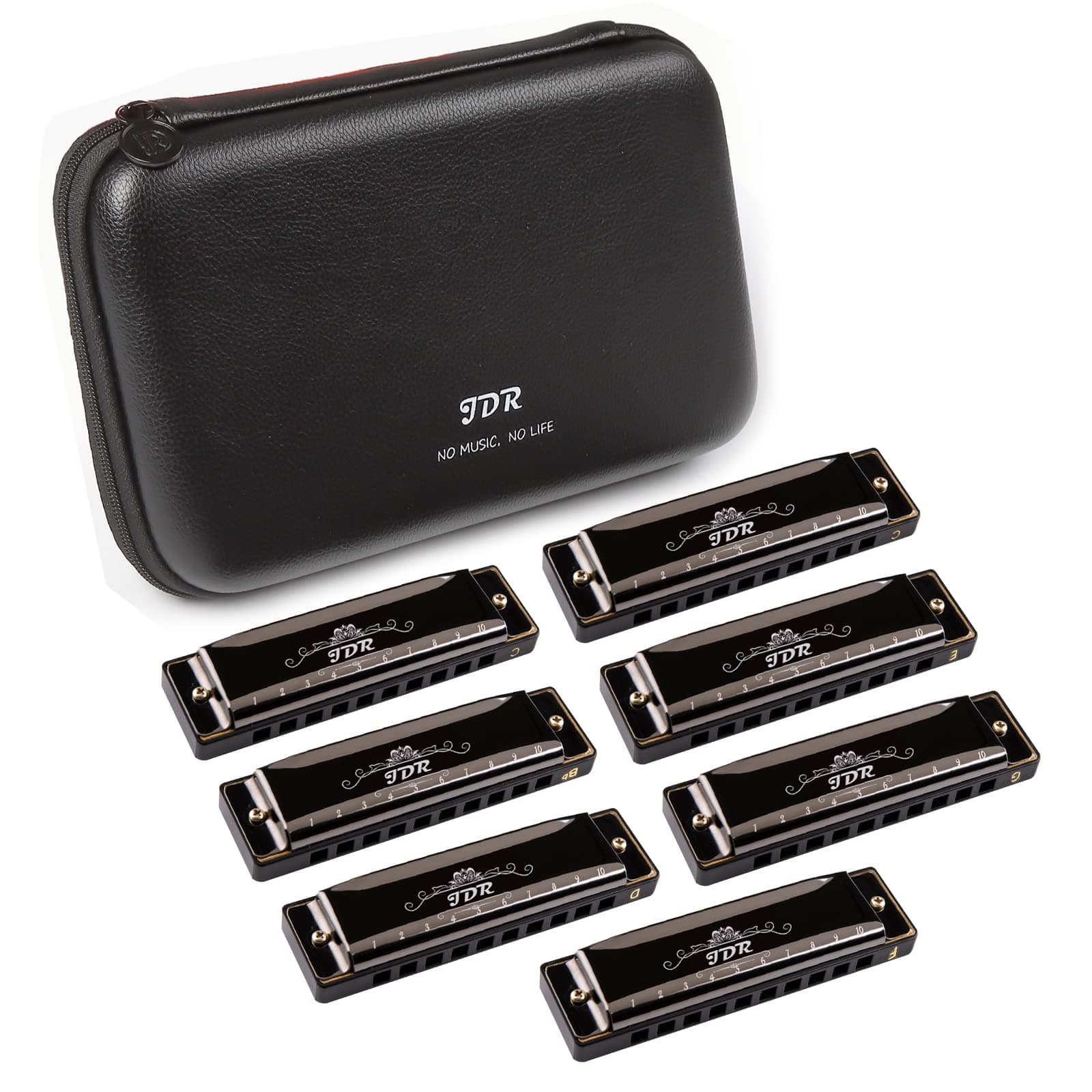 Harmonica Set of 7 Key of C D E F G A Bb 10 Holes 20 Tones Blues Harp Diatonic Mouth Organ armonica with EVA Protective Case for Adults Kids Beginner Professional Intermediate Student Gift Black