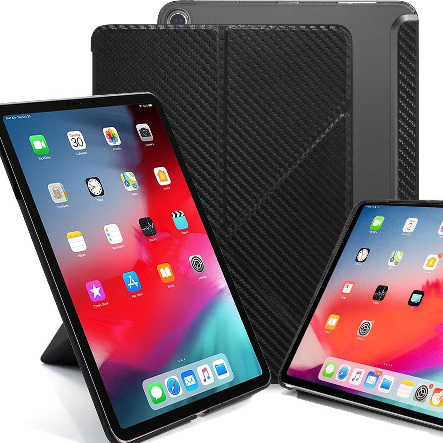 KHOMO Horizontal and Vertical Display Stand Capable Cover for iPad Pro 11 Inch Case (Released 2018) - Dual Origami Series - See Through Back - Carbon Fiber