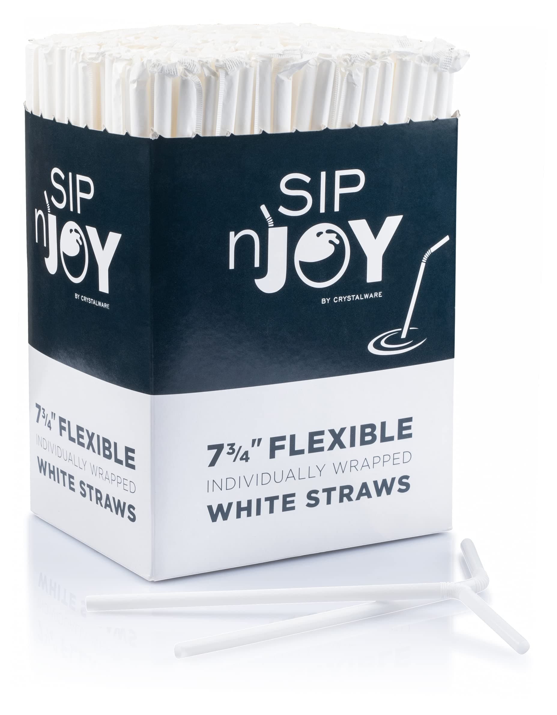 Crystalware Bulk Pack of 380 Flexible Plastic Drinking Straws - White, Individually Wrapped, Food-Safe BPA Free, 7.75 Inches Long (1 Box)