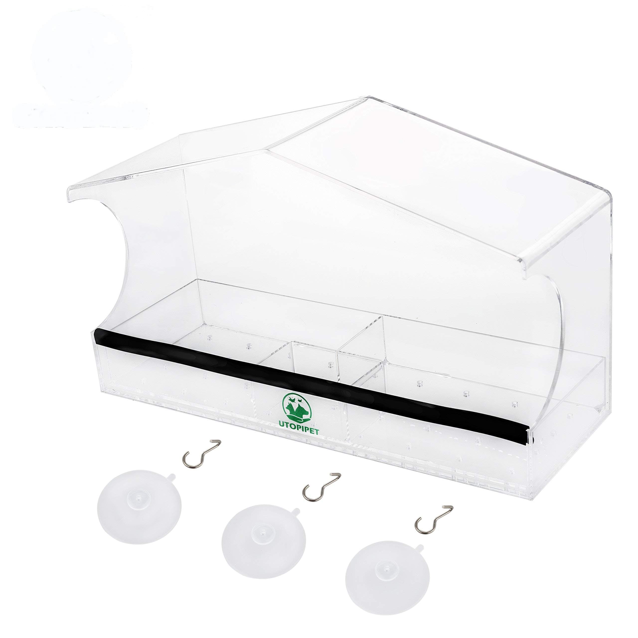 Large Premium Window Bird Feeder Squirrel Proof -3 Heavy Duty Strong Suction Cups Hooks Drain Hole Removable Tray Perch Sliding Feed 100% Clear Acrylic- Easy to Clean Great Gift for All Weather.