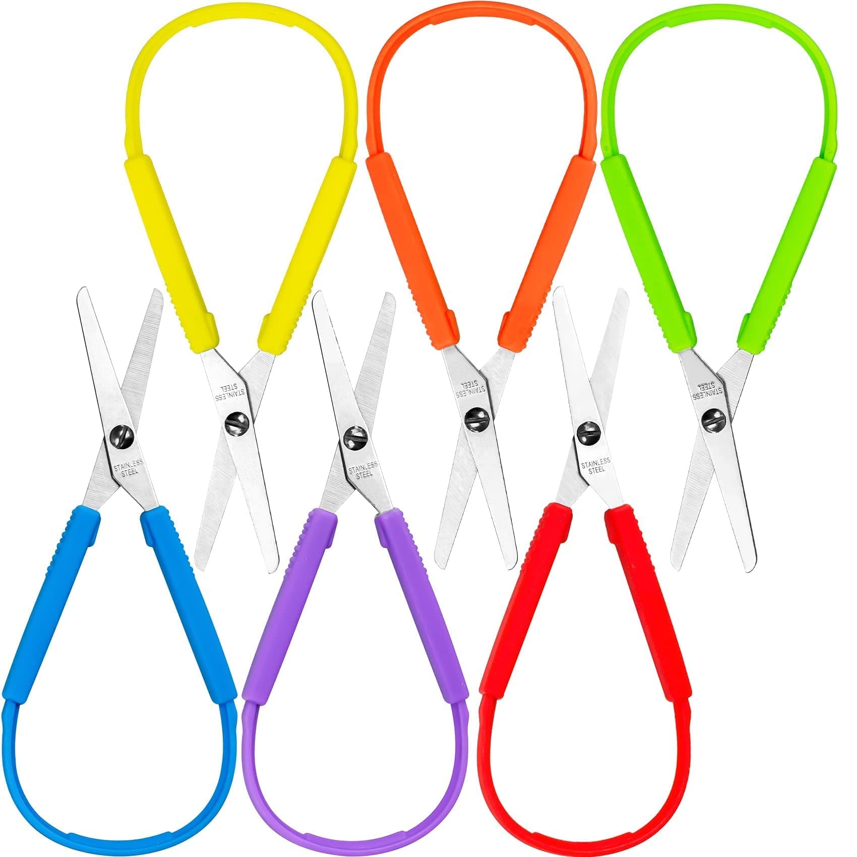 TERRIFI Loop Scissors for Children Student and Teens and 5" Inches Colorful Looped Adaptive Design Right and Lefty Support Small Easy-Open Squeeze Handles(6-Pcs)