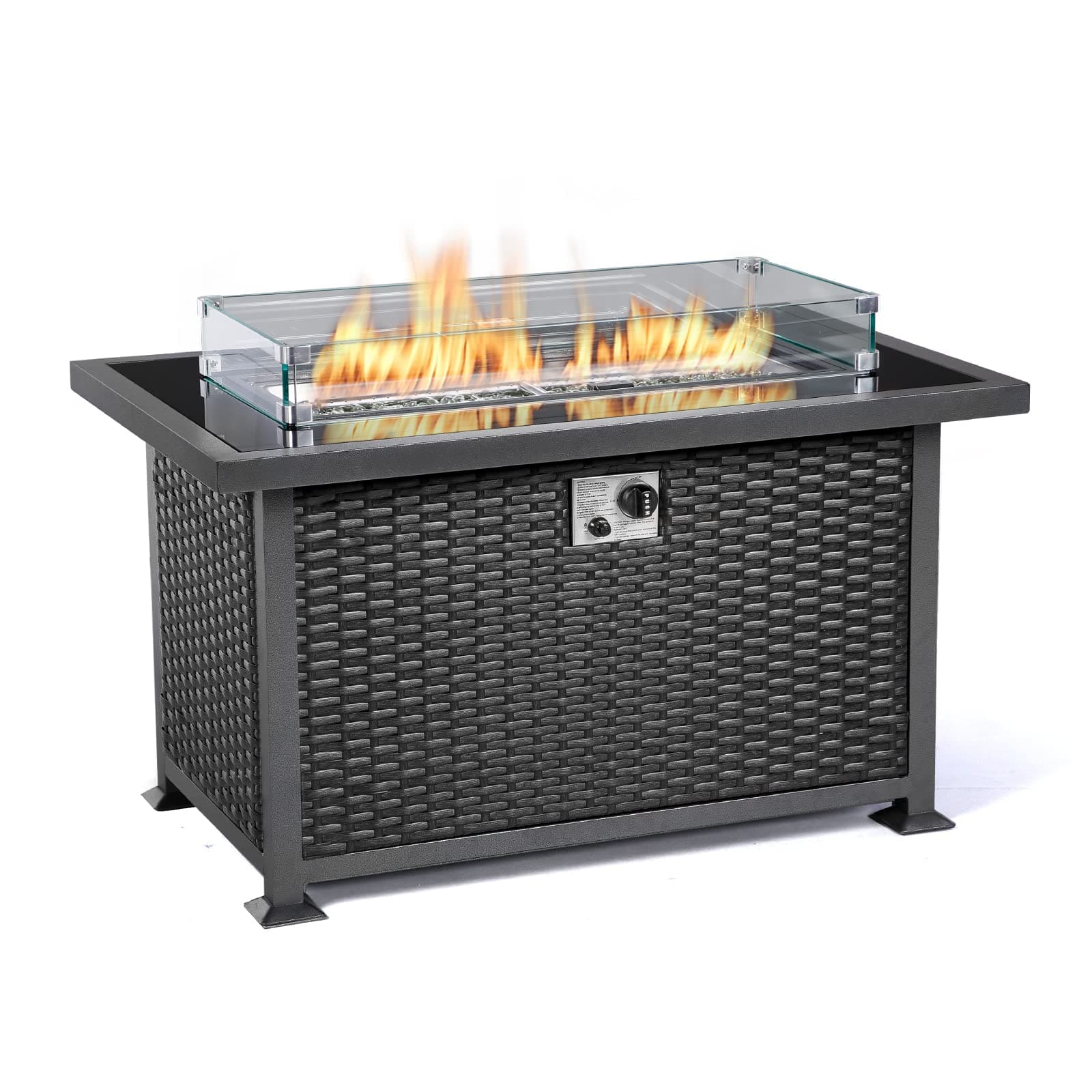 U-MAX Propane Gas Fire Pit Table, 44inch 50,000 BTU CSA Certificate Gas Firepit Aluminum Frame PE Rattan with Glass Wind Guard & Blue Glass Beads