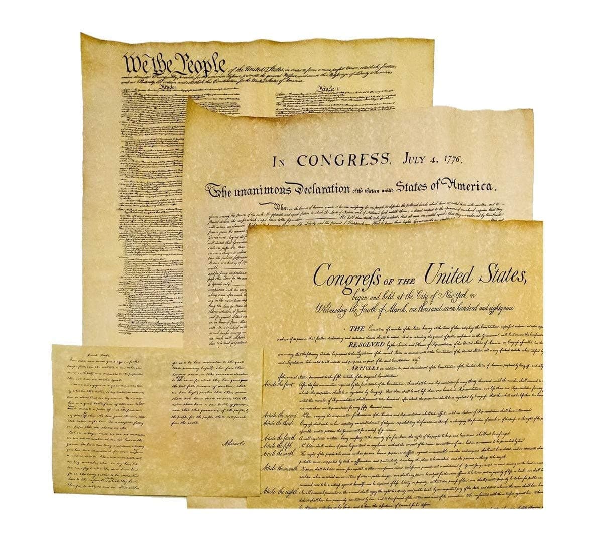 4 Antiqued Parchment Paper US Historical Documents - The Declaration of Independence, The US Constitution, The Bill of Rights, and The Gettysburg Address
