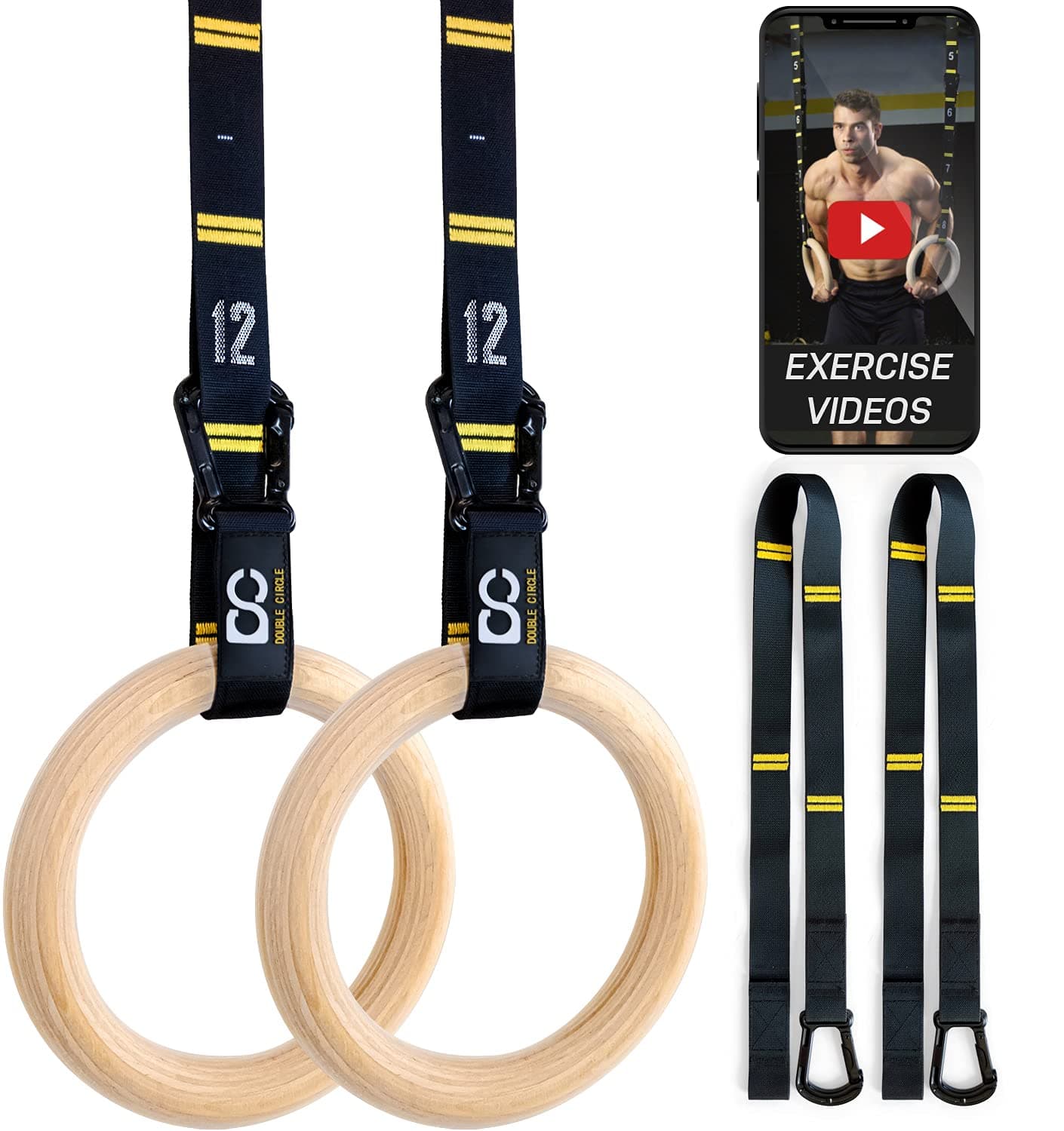 Double Circle Wood Gymnastic Rings with Quick Adjust Numbered Straps and Exercise Videos Guide - Full Body Workout, Calisthenics, Home Gym (Multi-Size)