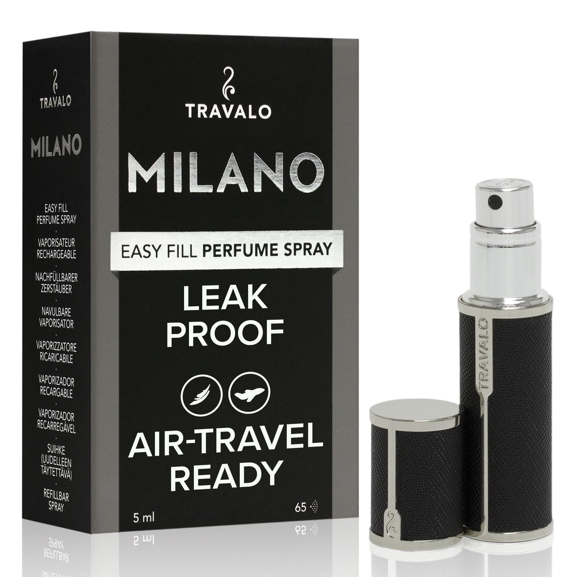 Milano Perfume Atomizer - Leak-Proof and TSA Approved for Air Travel - Reusable, Airtight, Easy Fill Mini Pump Sprayer - Lightweight Vegan Leather with Polished Metal Outer Shell - Black