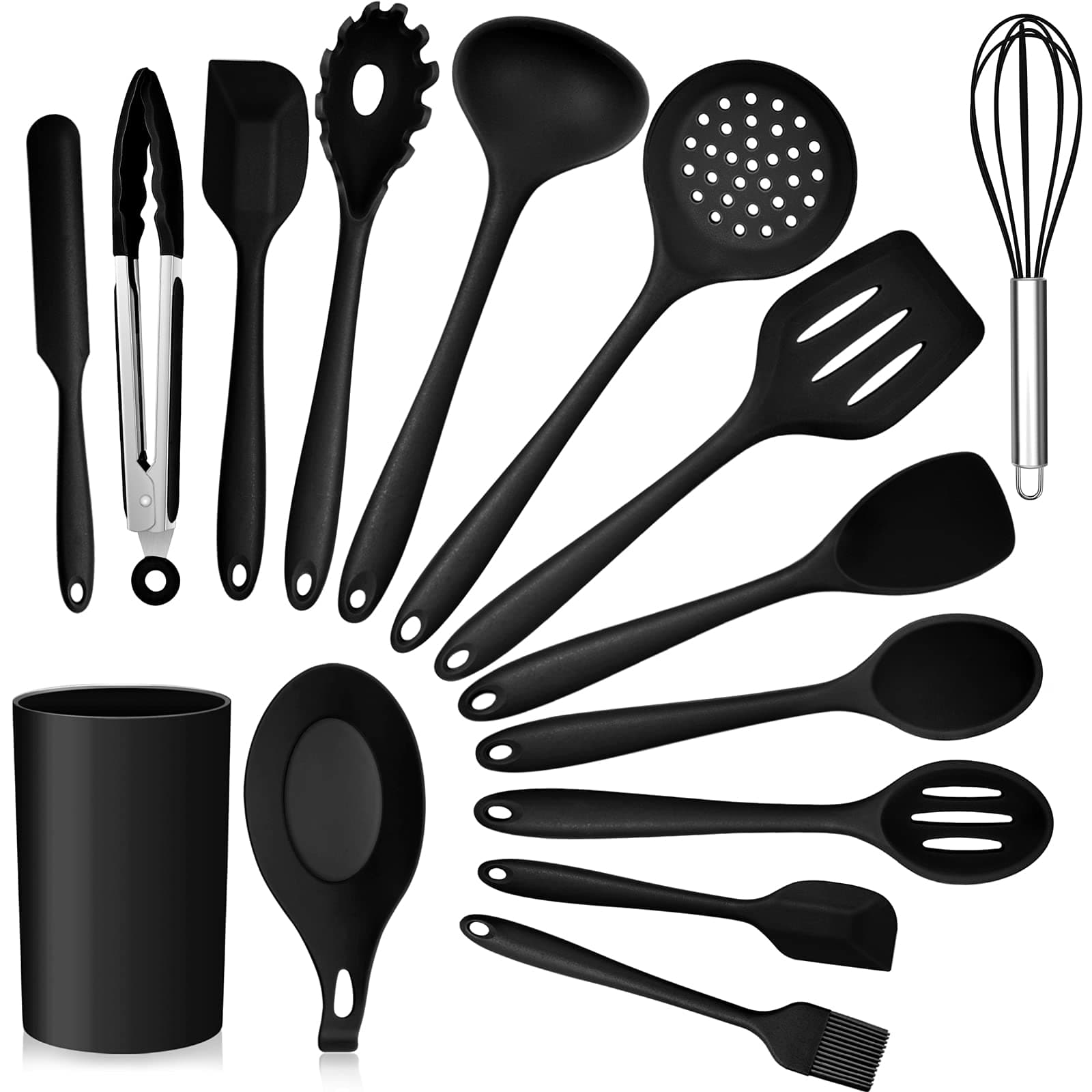 Kitchen Utensils Set, 15-Piece Silicone Cooking Utensils with Holder, Non-stick Cookware Friendly & Heat Resistant, Includes Ladle Spatula Spoon Slotted Turner for Cooking & Baking (Black)
