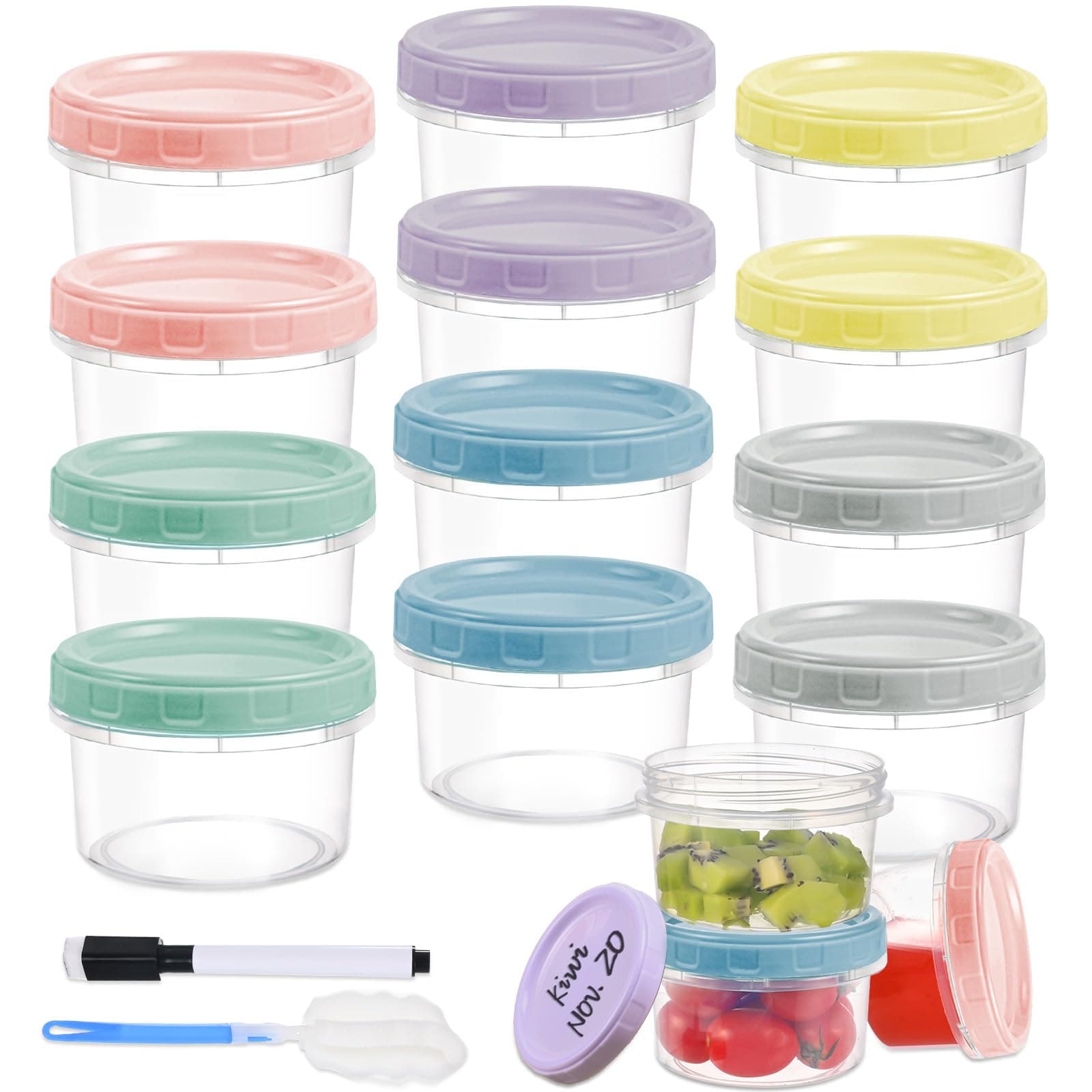 12pcs 8 oz Plastic Containers with Screw Lids, Reusable Clear Food Storage Containers with Pen and Brush for Snack Salad Fruit, Leakproof Small Freezer Containers, Microwave & Dishwasher Safe
