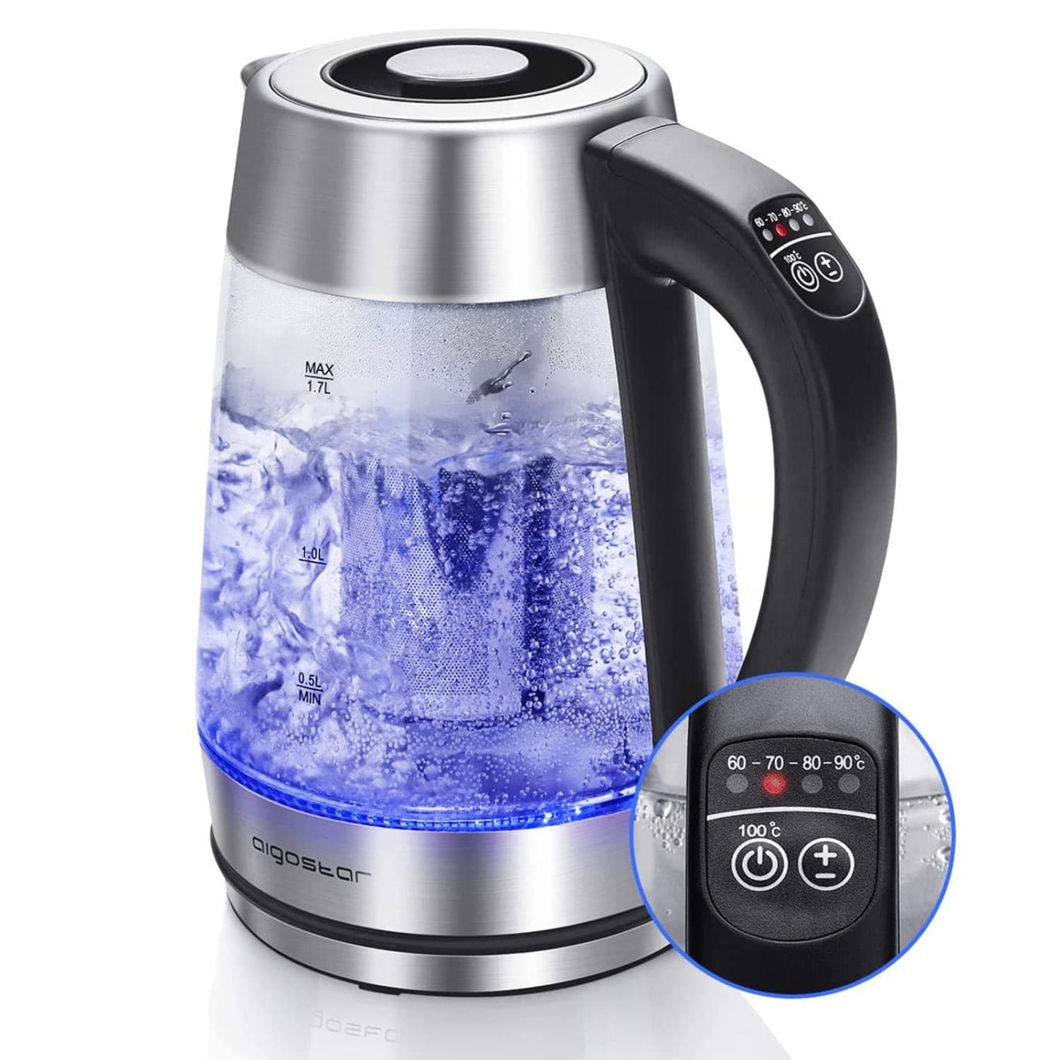 Aigostar Electric Glass Kettle with Variable Temperature, Keep-Warm, Detachable Tea Filter Infuser, Auto Shut-Off & Boil-Dry Protection, 2200W, 1.7L, BPA-Free - CRIS 30OSX.