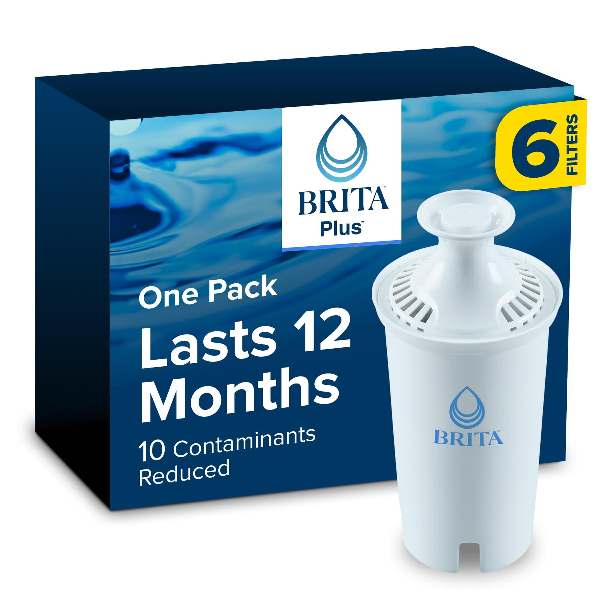 Brita Plus Water Filter, BPA-Free, High-Density Replacement Filter for Pitchers and Dispensers, Reduces 2x Contaminants*, Lasts Two Months or 40 Gallons, Includes 6 Filters