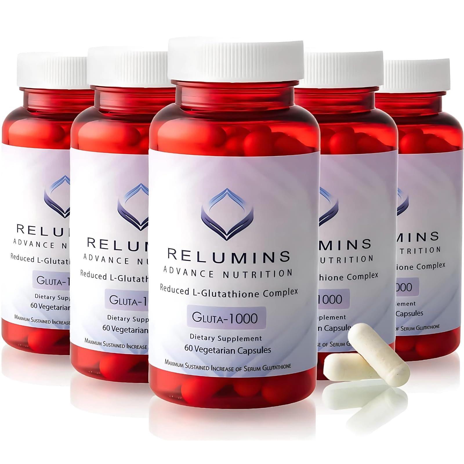 Relumins L-Glutathione Supplement Complex – Wellness Gift for Mom - World’s Most Advanced Reduced Glutathione 1000mg with Alpha Lipoic Acid for Smoother & Brighter Skin, Made in USA – 60 Caps x 5 Bots