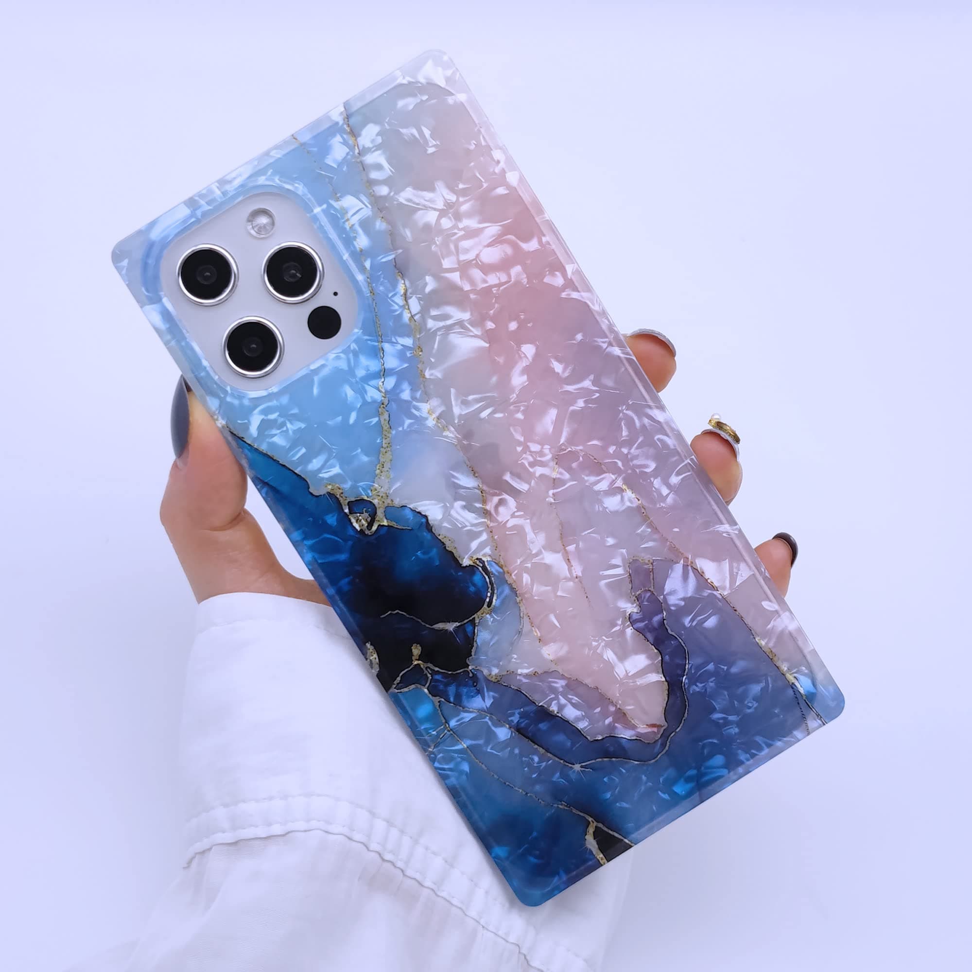 WEIYU Compatible with iPhone 12 Pro Max Square Pink Marble Case, 3D Pink Marble Square Shell Design, Rugged Slim fit Shock-Absorbing Soft Rubber TPU Skin Cover Case (Blue)