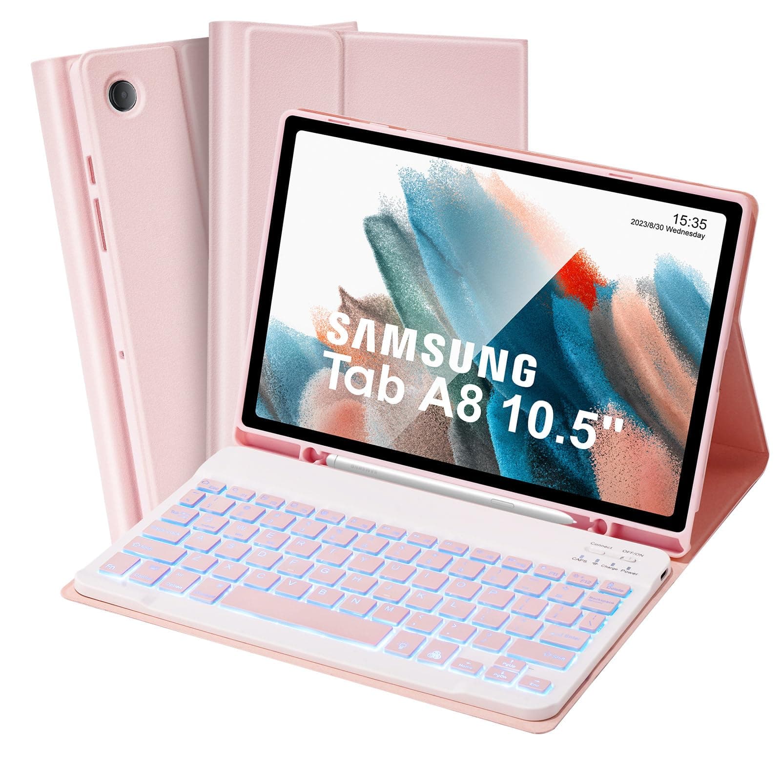 SOPPY Backlit Keyboard Case for Samsung Galaxy Tab A8 10.5 inch, UK Layout, Built-in S Pen Holder, Slim Cover with Detachable Keyboard for Samsung Tab A8 10.5" 2022 (SM-X200/ X205 /X207), Pink