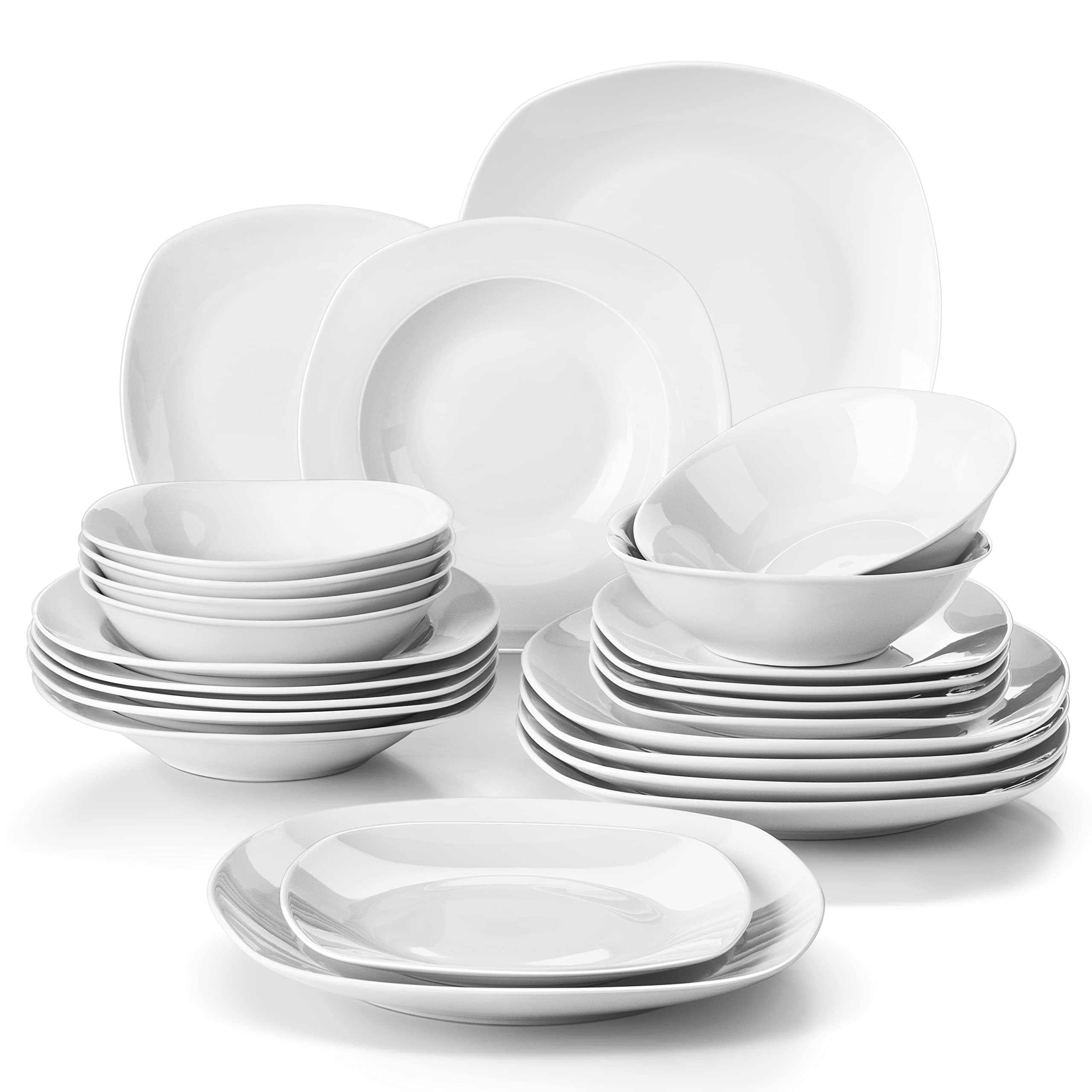 Dinnerware Sets, 24-Piece Porcelain Square Dishes, Grey White Ceramic Dish Set for 6, Chip and Scratch Resistant Plates and Bowls Sets, Series ELISA