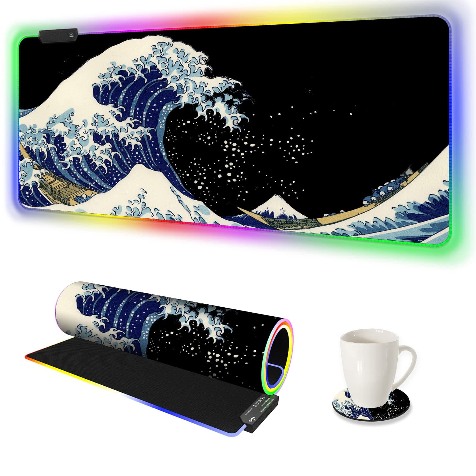 RGB Gaming Mouse Pad Large, AIMSA Keyboard Led Mousepad Extended 35.4 x 15.8 inch Non-Slip Rubber Base with 14 Lighting Modes, Big Desk Mat Waterproof, Big Waves