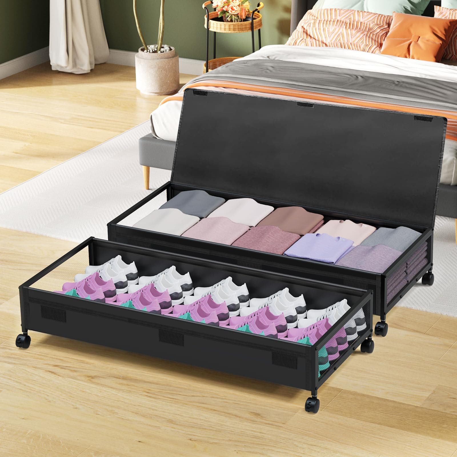 Under Bed Storage Bins With Lids - 2Pack Lengthen Underbed Storage Containers with Wheels, Large Capacity Metal Clothes Organizer for Bedroom, Storage Box for Clothing Shoes Blanke Sheet