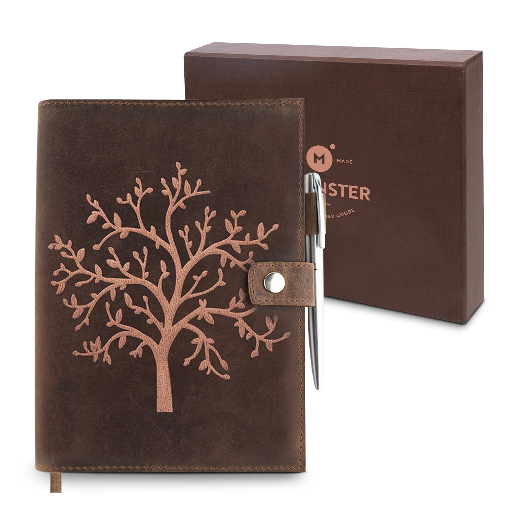Refillable Vintage Leather Journal Notebook – Embossed Tree of Life Diary for Journaling, Writing & Notes – Handmade Gift for Men & Women, Includes Pen Holder, Silver Pen & A5 Lined Paper