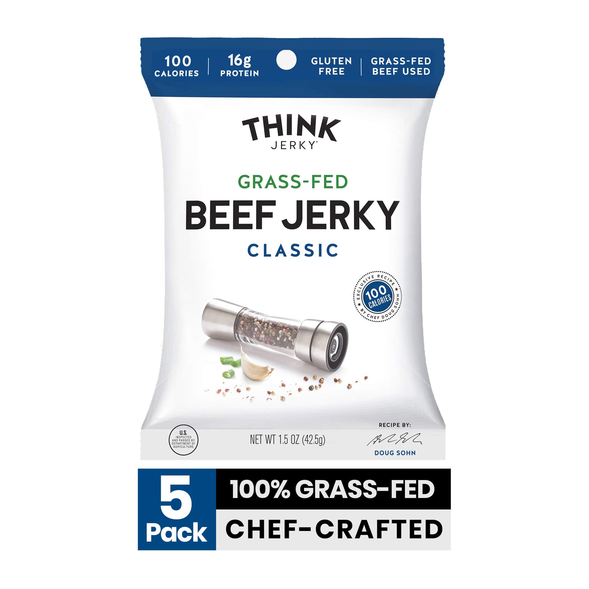 Think Jerky, Classic Beef Jerky (1.5 Ounce Bags, Pack of 5 Bags) - Chef Crafted Jerky, Grass-Fed Beef, Gluten Free, No Antibiotics/Nitrates - Healthy Protein Snack, Low Calorie, Low Fat