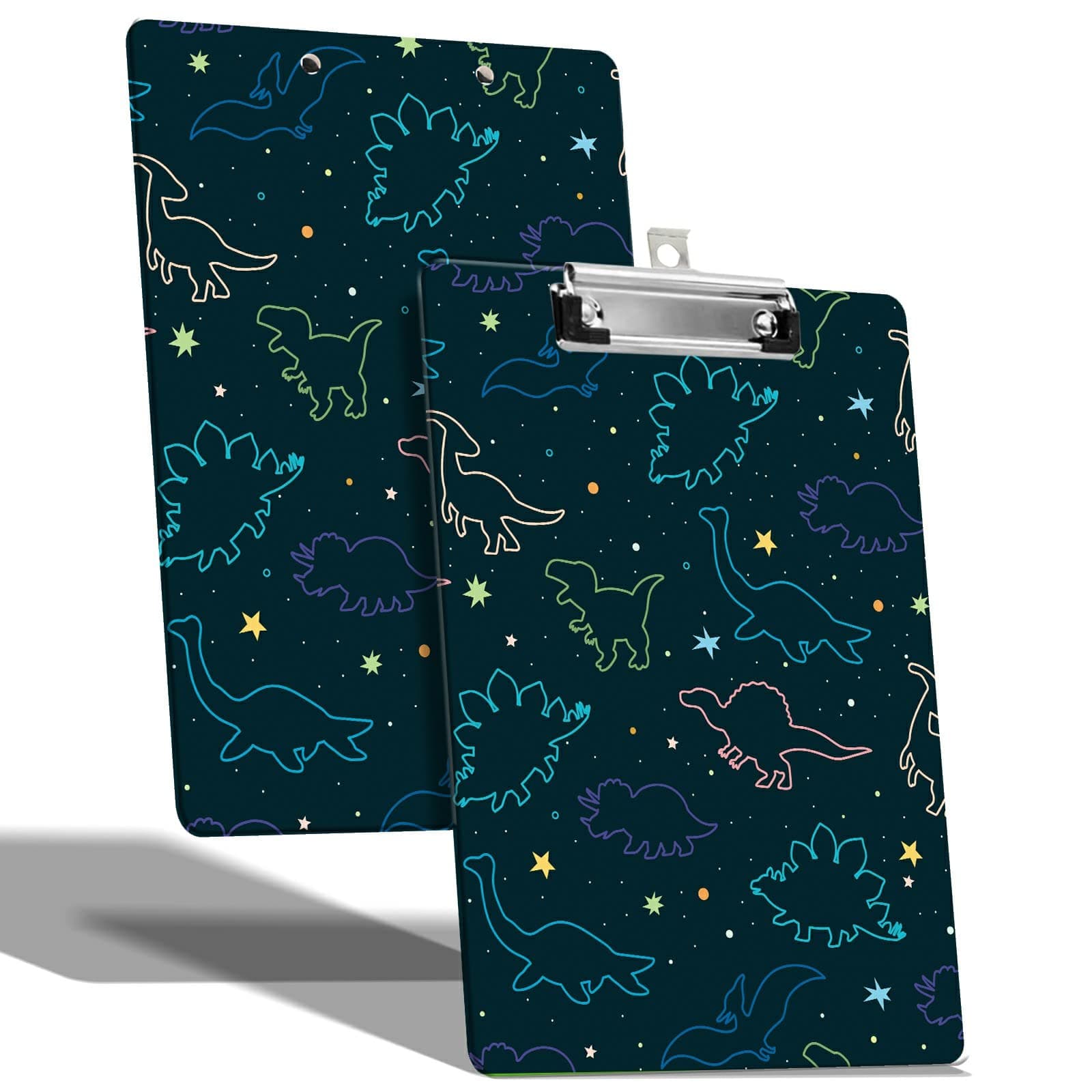 A4 Size Clipboard with Hanging Hook and Low Profile Clip, Plastic Nurse Clipboard Writing Drawing Board with Double-Sided Funny Dinosaurs Print for Woman Kids Office School Use