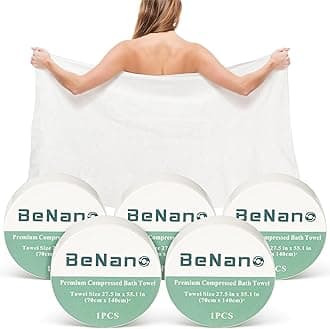 Benano Premium Compressed Towel Tablets Disposable Towel 55.1 in x 27.5 in Large Bath Towel Travel Towel Reusable for Hotel Camping Sports Hiking Beach Swimming Vacation (55.1" x 27.5" (5 Pack))