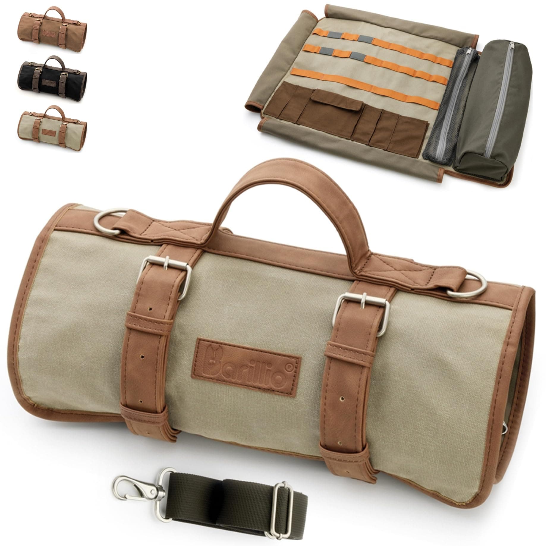 Barillio Bartender Bag (Without Tools) - Stylish, Waxed Canvas, Roll Up Traveling Bar Bag for Carrying Bar Tools and Cocktail Shaker Set with Shoulder Strap - Portable Travel Bartending Roll