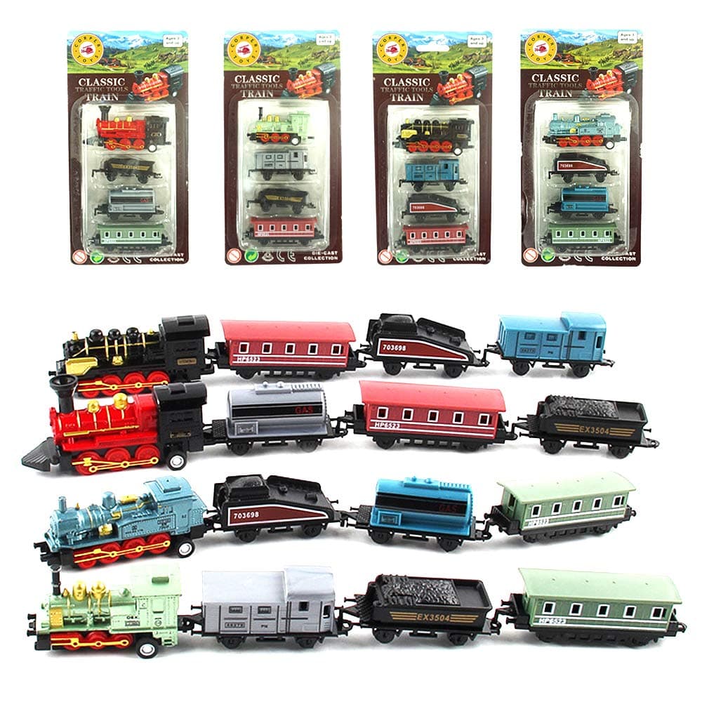 CORPER TOYS Mini Train Toy Die-Cast Pull Back Steam Train Model Set Assorted Styles for Kids Boys - 4 Packs (16 Pieces)