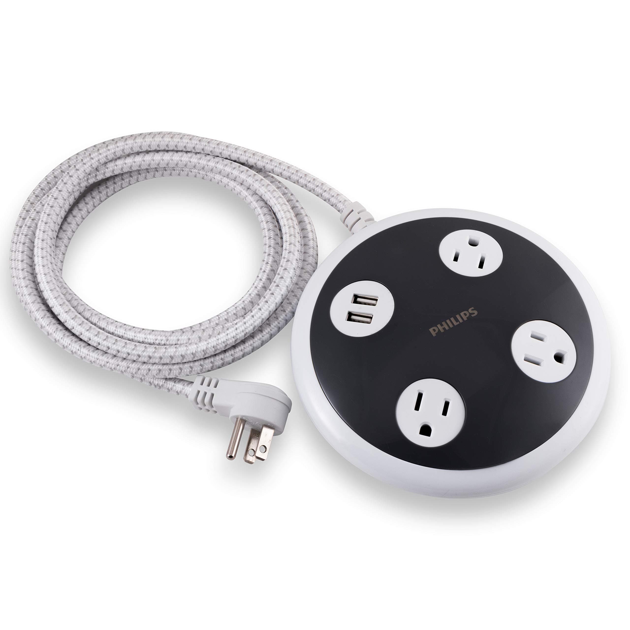 Philips 3 Outlet 2 USB Surge Protector Orb, 8 ft Braided Extension Cord, Flat Plug, Power Hub, Round, 450 Joules, White, SPP6230WC/37