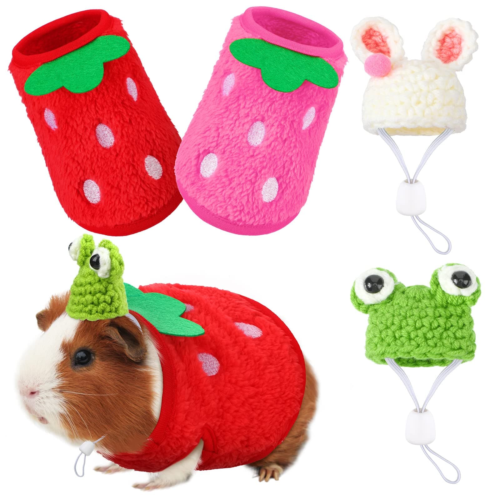 Mixweer 4 Pieces Guinea Pig Stuff includes 2 Guinea Pig Clothes and 2 Cute Mini Hats with Adjustable Strap Small Animal Warm Vest Cozy Hand Knitted Hat for Guinea Pig Hamster Bunny (Frog Style)