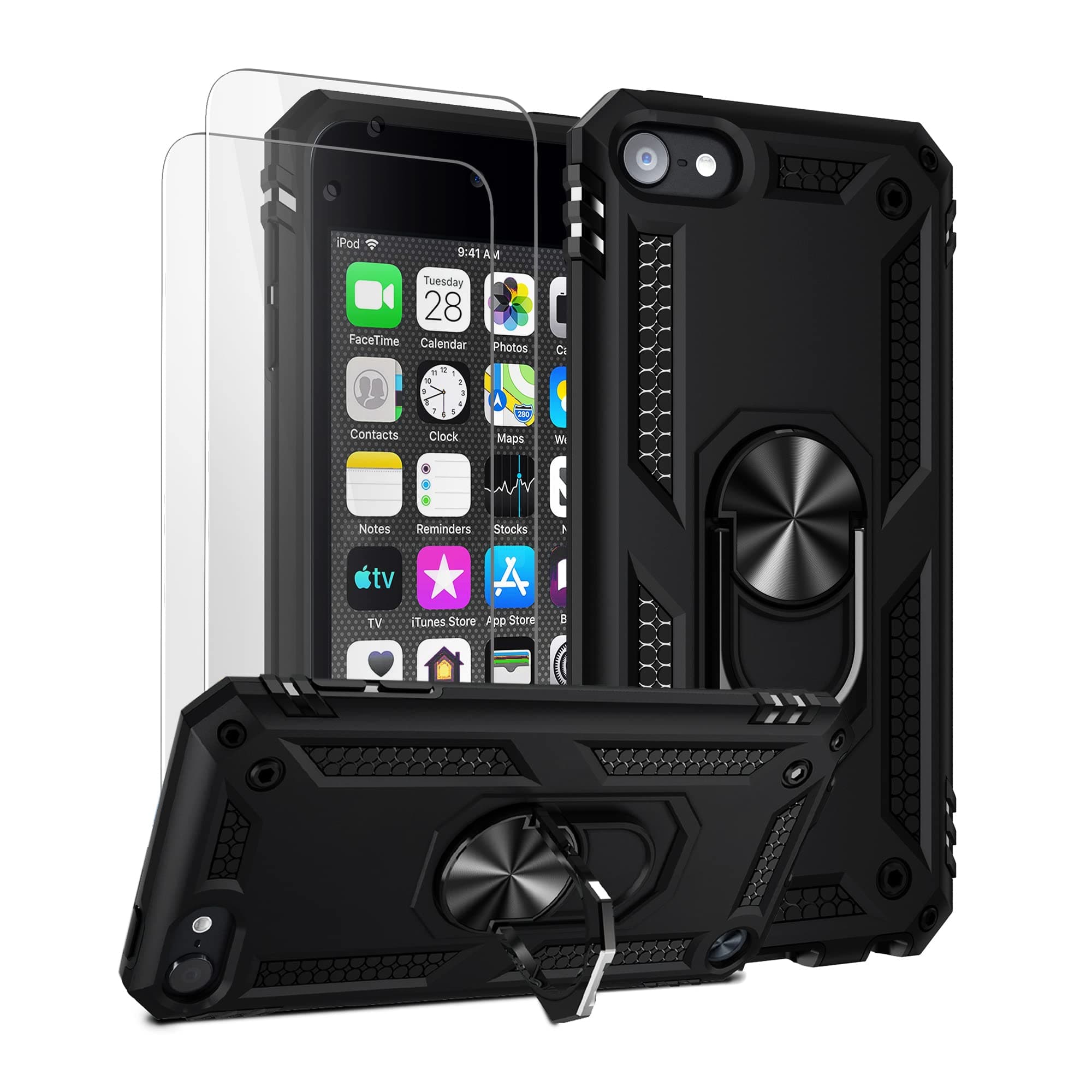 iPod Touch 7 Case, iPod Touch 6 Case, Hybrid Rugged Shockproof Cover with Built-in Kickstand for Apple iPod Touch 7th/6th/5th Generation (Black)