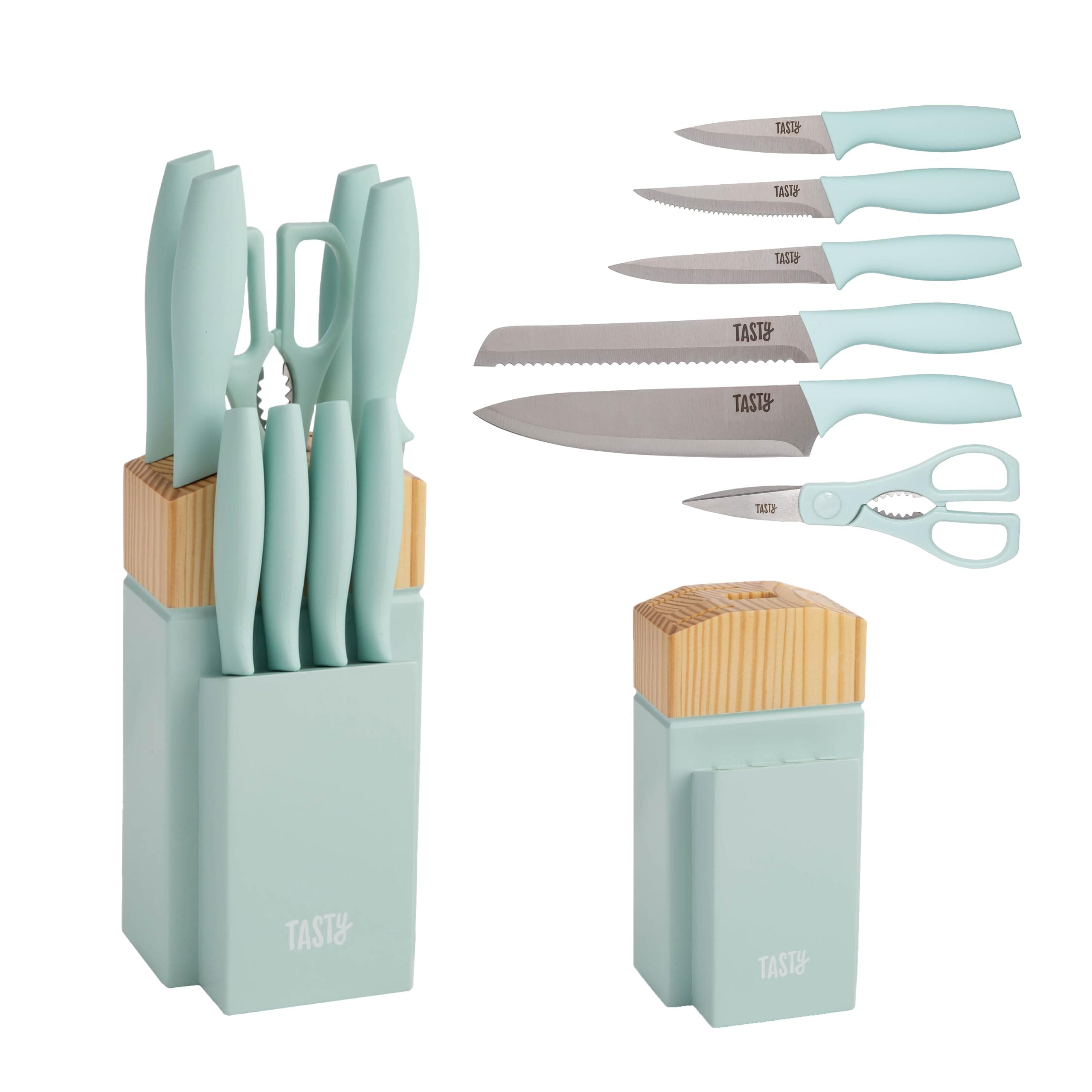 Tasty Kitchen Knife Set with Block, Cutlery Set includes Chef, Bread, Utility, Paring, Steak Knives & Shears, 10-Piece, Aqua