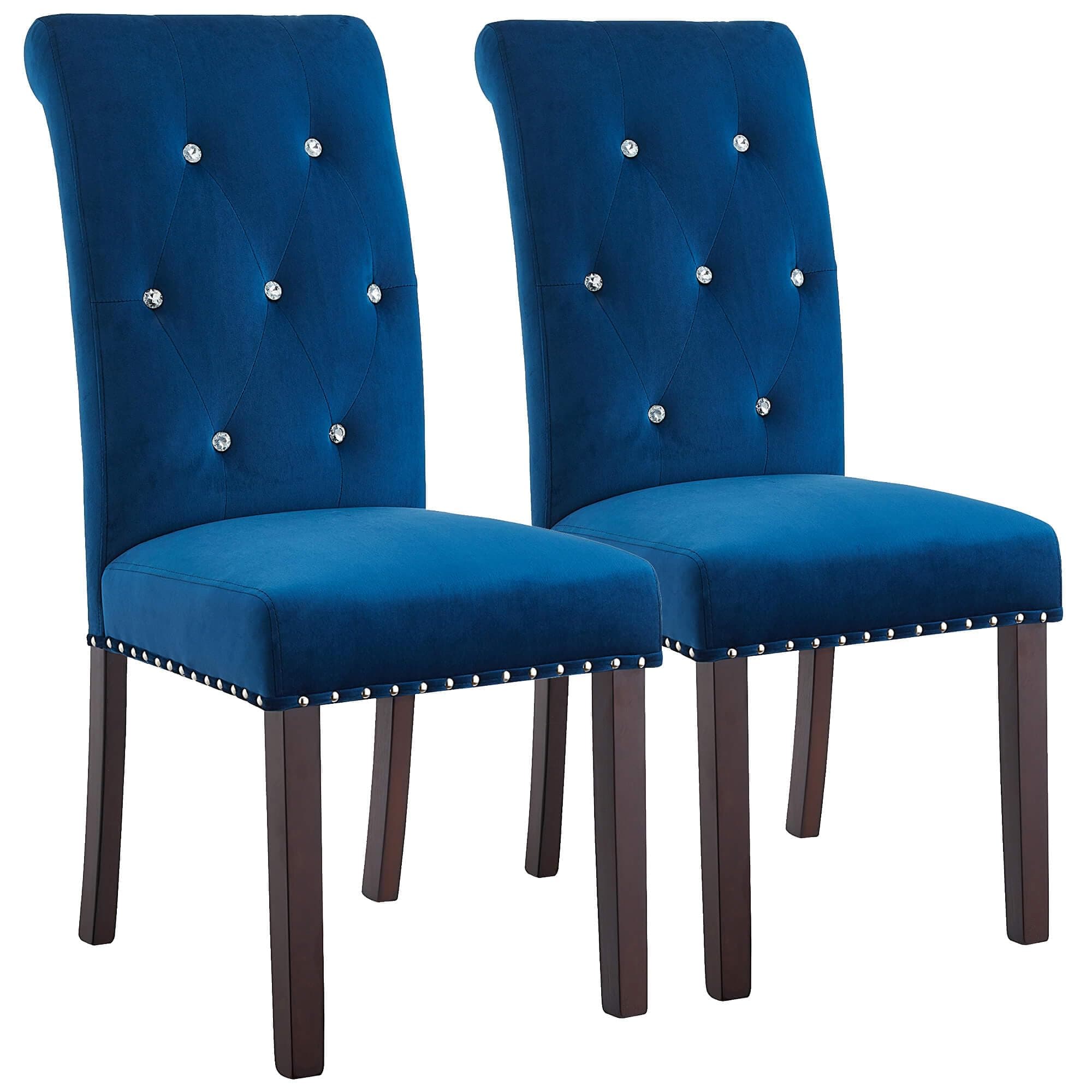 DRM'SCUUM Upholstered Dining Chairs Tufted: High Back Dining Room Chairs Set of 2 Velvet Padded Parsons Chairs with Crystal Buttons for Kitchen (Blue)