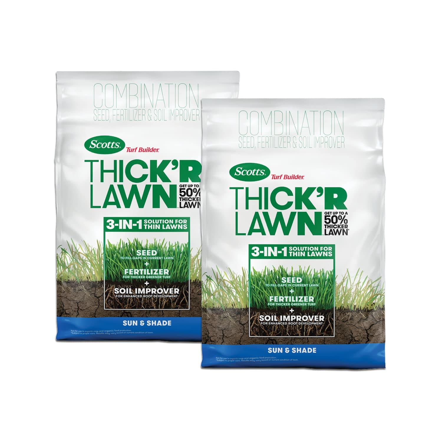 Turf Builder Thick'R Lawn Sun and Shade, Combination Seed, Fertilizer and Soil Improver, Thickens Thin Grass, 12 lbs., 2-Pack