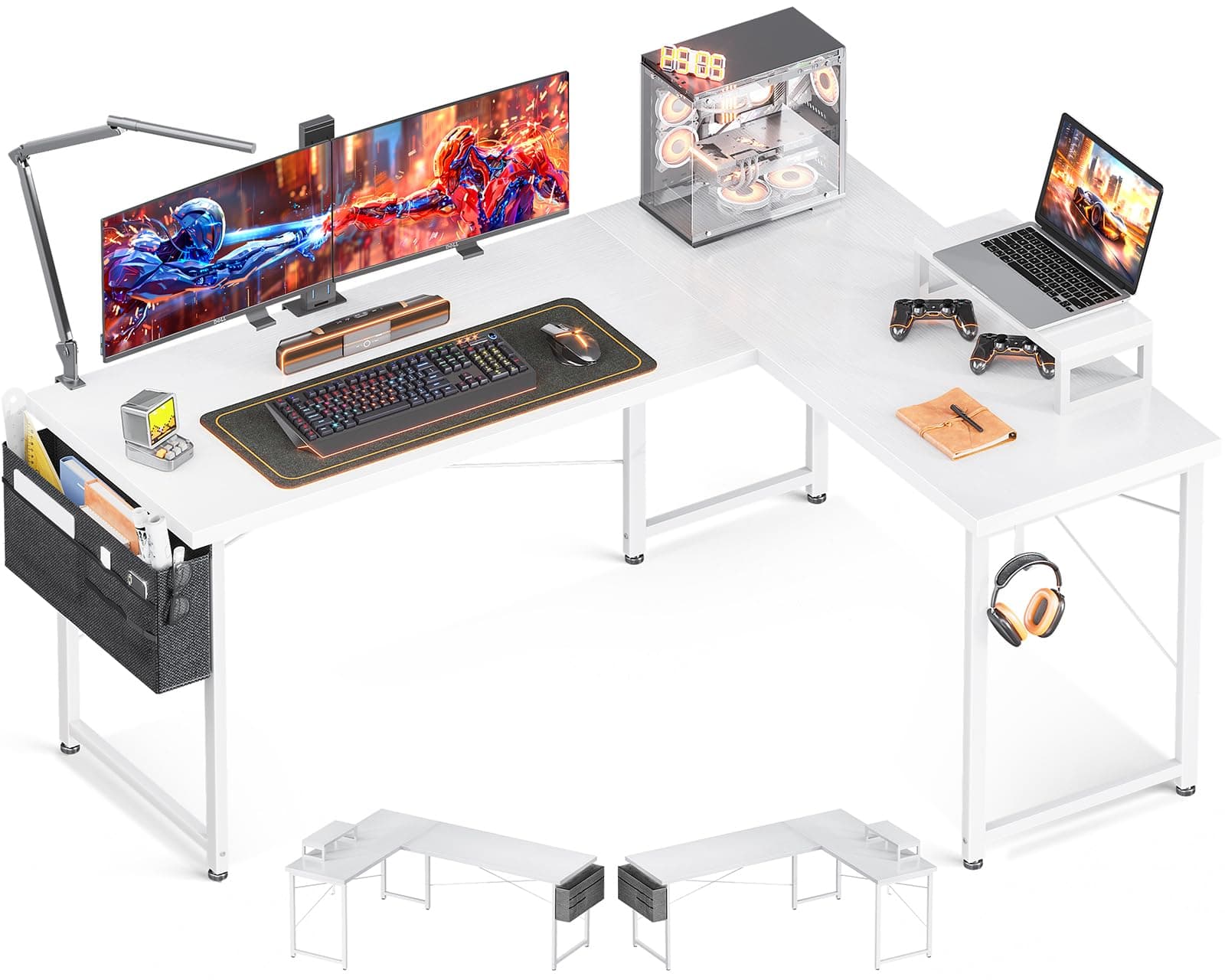 Casaottima L Shaped Computer Desk with Storage Bag, 57.5 Inch Reversible Gaming Desk, Home Office Corner Desk with Monitor Shelf, Space-Saving Writing Workstation Table, Easy to Assemble, White