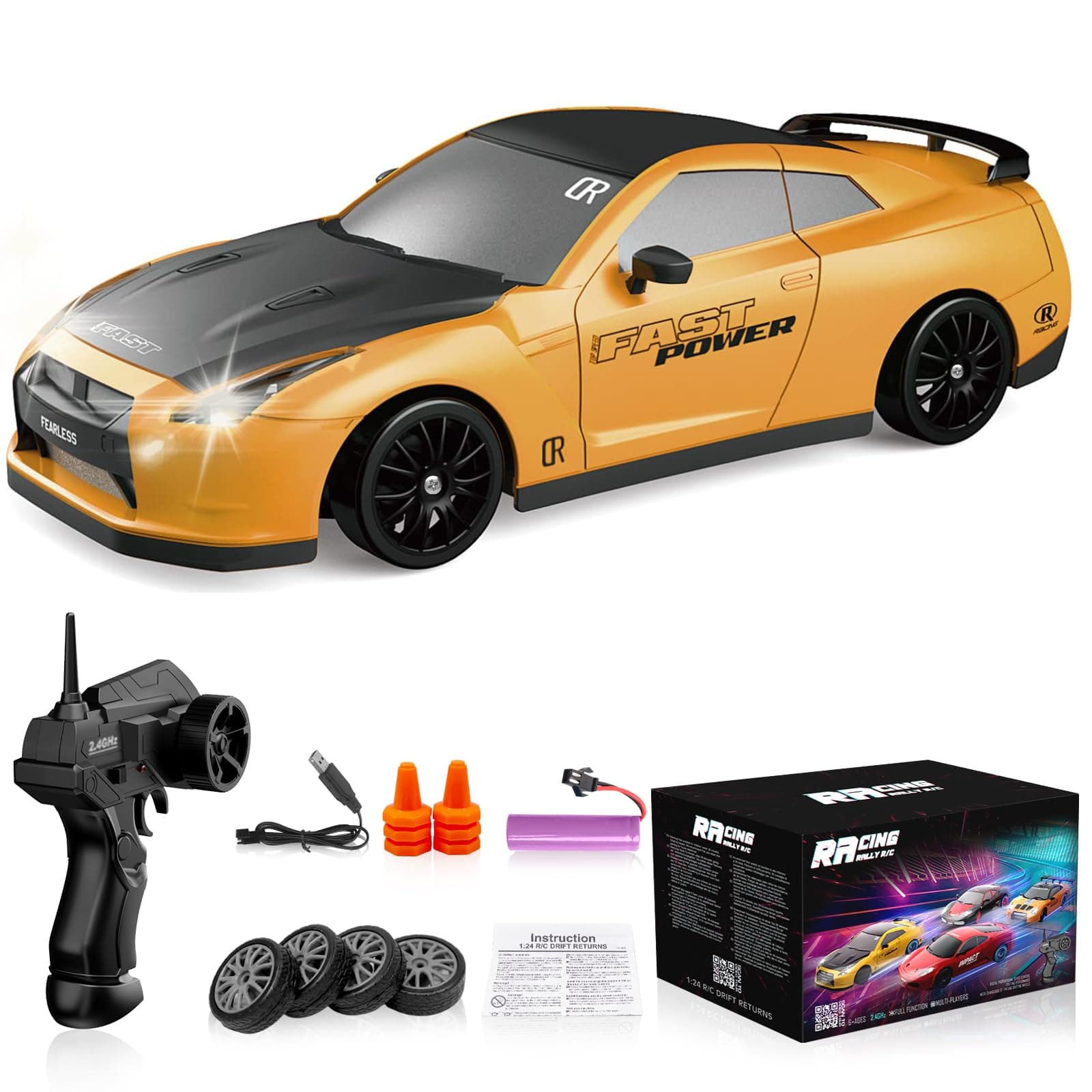 Remote Control Car RC Drift Car 2.4GHz 1:24 Scale 4WD High Speed RC Cars Vehicle with LED Lights Batteries and Drifting Tires Racing Sport Toy Cars for Adults Boys Girls Kids Gift