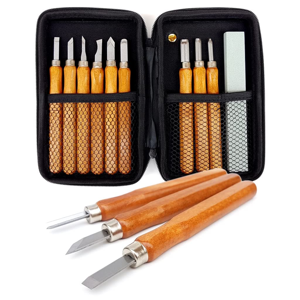 Abodewares 14 Piece Set Beginners Carving Kit with Protective Case Chisels Gouges Scraper V Parting Tool Whetstones | for Wood Clay Sculpting Whittling Pumpkin Balsa Wax Linoleum