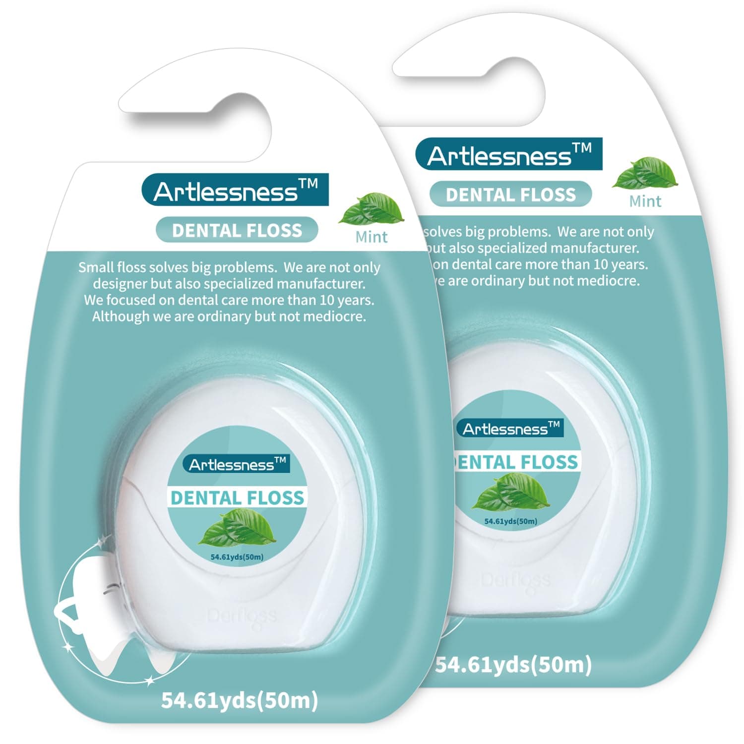 dental floss，Portable Micro Wax Flat Wire Floss, Effective Plaque Removal, Shred Resistant, Extra Wide Cleaning Surface, Smooth & Easy Slide, Mint Flavour- 54.6 Yards x 2 Units