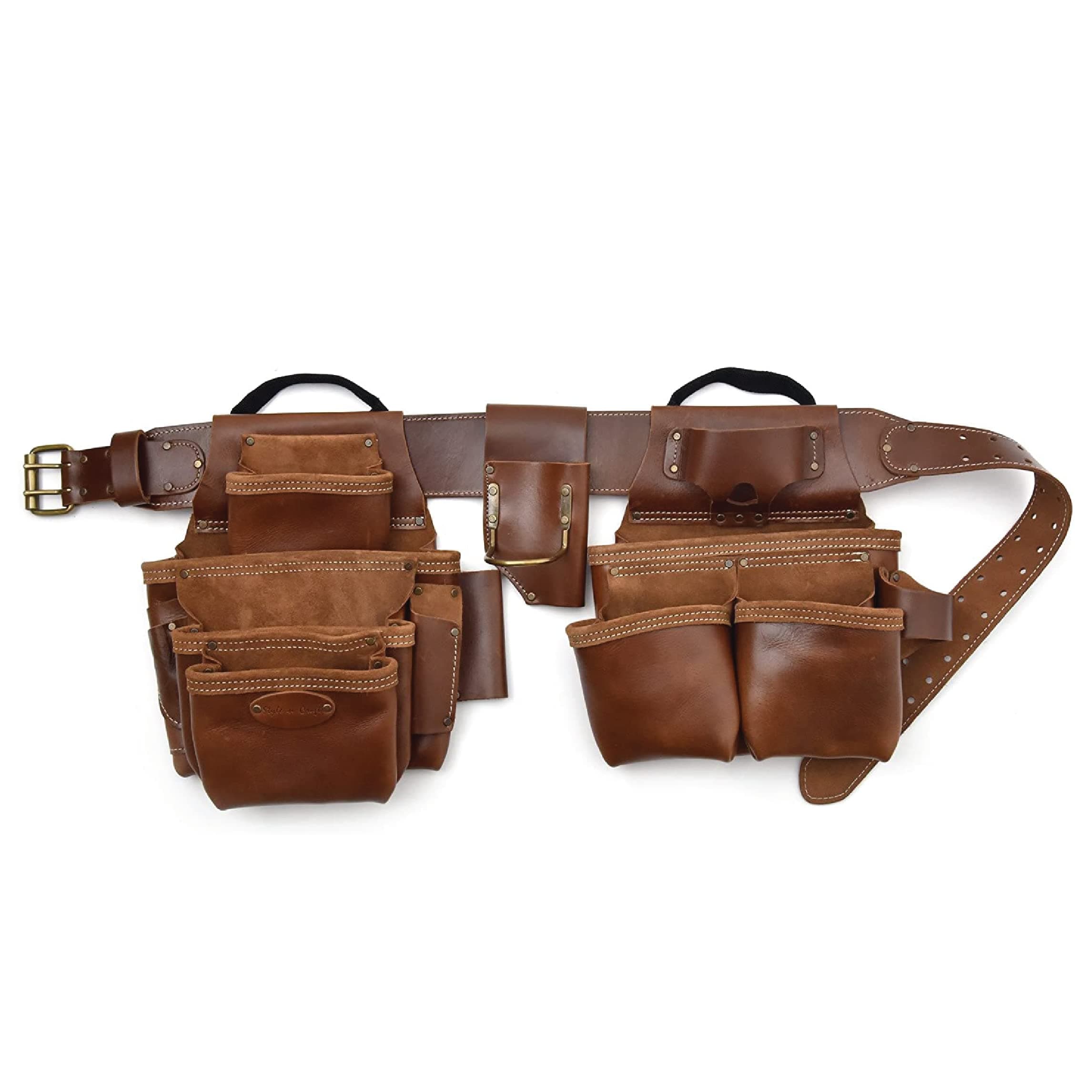 4 Piece and 19 Pockets Pro Framer’s Combo, Tool Belt with 2 Tool Pouches and 1 Pliers and Hammer Holder, Full-Grain Leather Carpenter Tool Belt Combo, Dark Tan (98444)