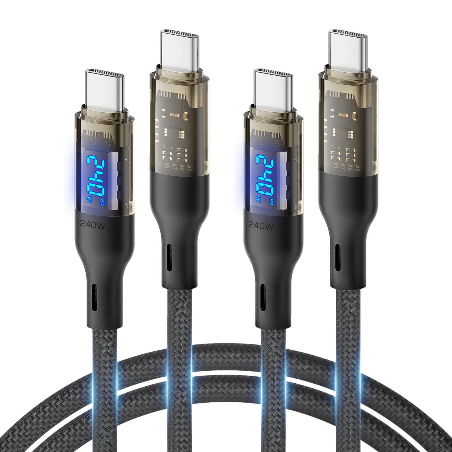 SOOPII 240W USB C to USB C Cable[4ft 2-Pack],Fast Charging USB C Cable with LED Display for Galaxy S23+/S23Ultra/S22Ultra,MacBook Pro,lPhone15/15Pro/15ProMax,etc,Transparent Shell,(Black)
