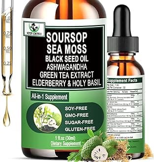Soursop Drops,Soursop Bitters Liquid with Sea Moss Black Seed Oil Green Tea Extract Ashwagandha Elderberry Holy Basil-Multimineral&Vitamins Superfood Drops for Immune&Digestive & Cell Support