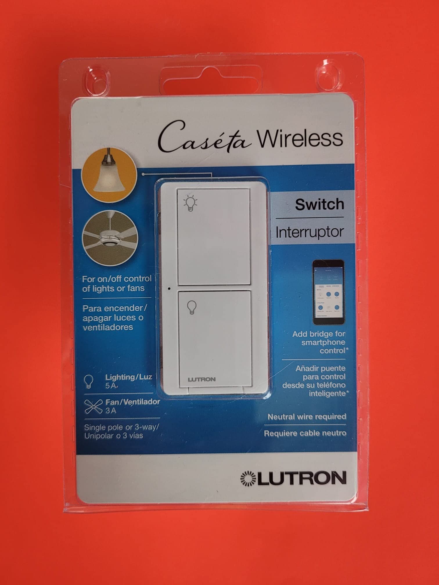 Lutron PD-5ANS-WH-R WIRELS Switch WHT 5A, White & Gray
