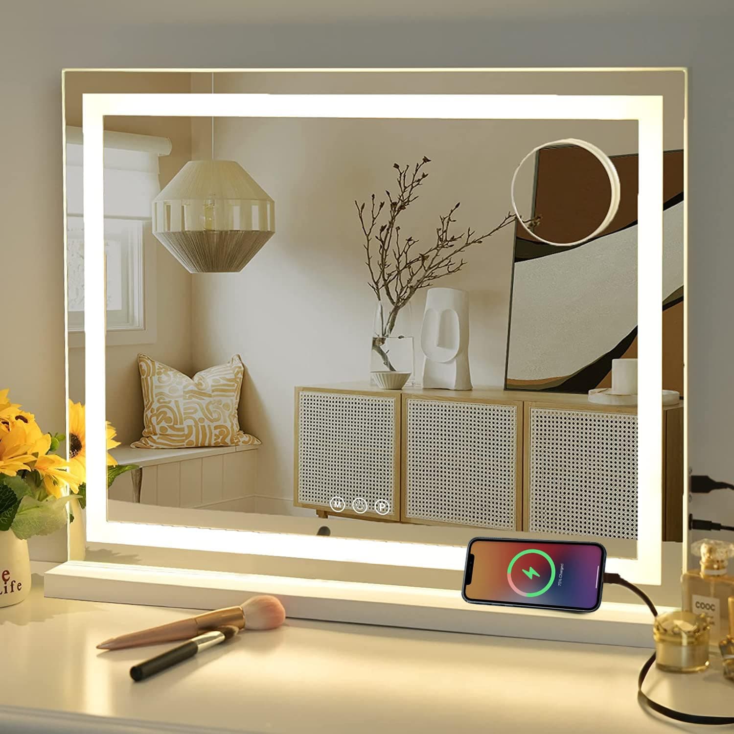 Sucedey Vanity Mirror with Lights, 23" x 19" Large Makeup Mirror with 3 Color Modes & Adjustable Brightness, Detachable 10x Zoom Mirror,Smart Touch Control,Plug in(Tabletop & Wall-Mounted)