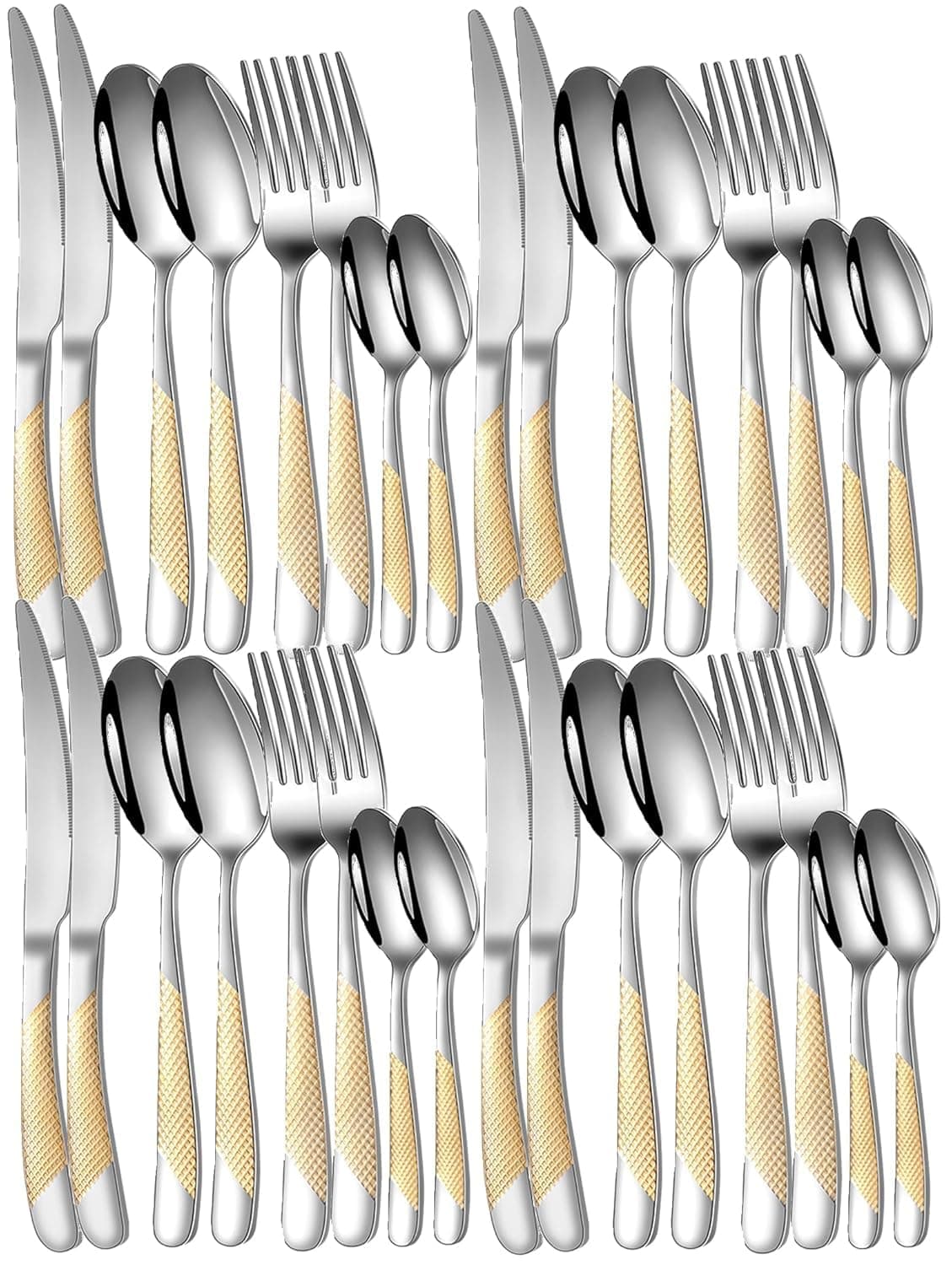 Mirror Finish Gold Plated Stainless Steel Flatware Set Copper Silverware Set Rose Gold Spoon Color Cutlery Set [Dinner Fork-Tea Spoon-Salad Spoon-Knife] Set of (Golden DOT, 32)