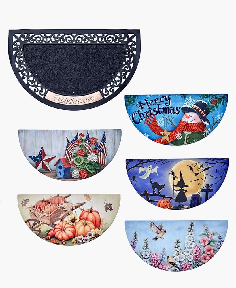 6-Pc. Interchangeable Seasonal Doormat, Features A Rubber Frame & 5 Polyester Mats That Can Be Swapped Out To Match The Season (Mats Includes Spring, Fourth Of July, Harvest, Halloween, Christmas)