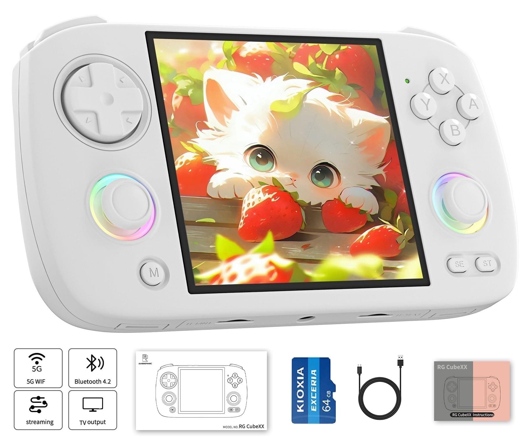 RG CubeXX Retro Handheld Game Console , 3.95 Inch IPS Screen Linux System Built-in 64G TF Card Support TV Output (White)